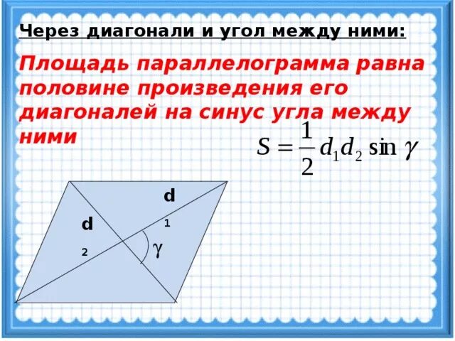 Квадрата равна произведению его диагоналей. Формула площади параллелограмма через диагонали и угол между ними. Площадь параллелограмма через синус и диагонали. Формула площади параллелограмма через синус и диагонали. Площадь параллелограмма по диагоналям и углу между ними формула.