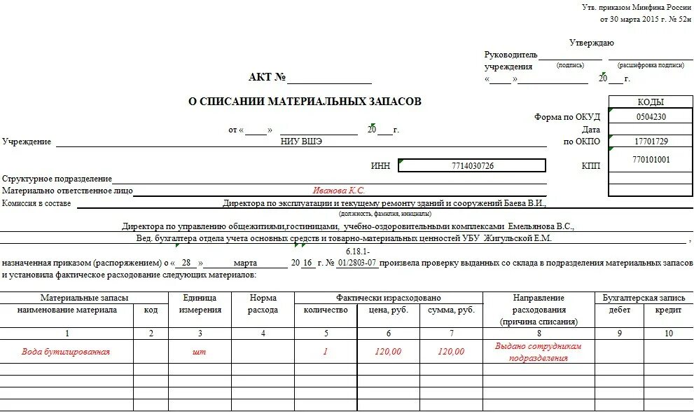 Акт на списание материальных ценностей бланк образец заполнения. Образец акта списания материальных ценностей в бюджетном учреждении. Заключение комиссии по акту списания материальных запасов пример. Бланк на списание материалов образец.