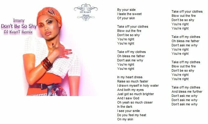 Английская песня донт. Imany don`t be. Imany don`t be so shy. Слова песни don t be so shy. Don't be so shy Imany текст.