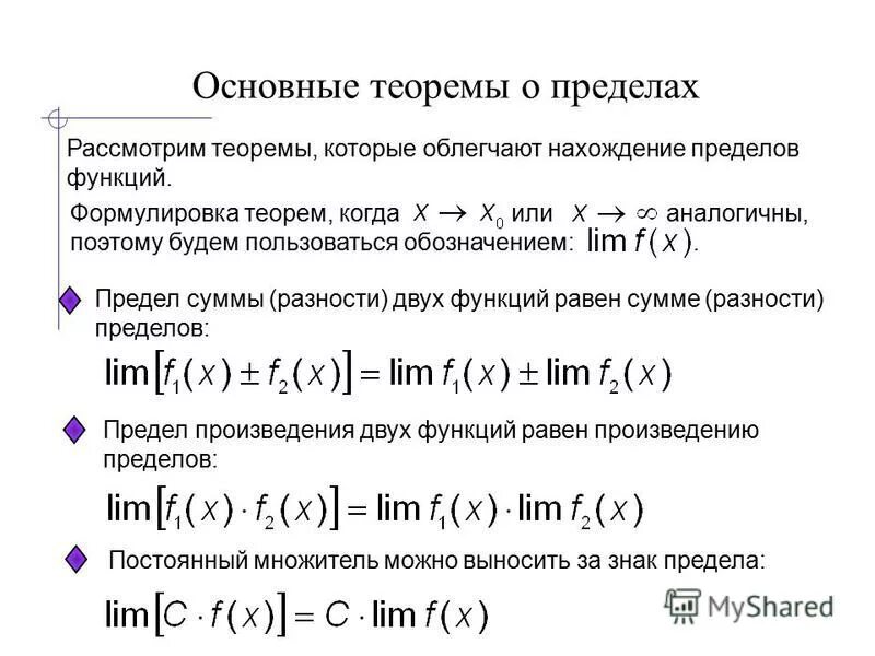 Теорема о разности функции и ее предела. Предел функции основные теоремы о пределах. предел функции в точке основные теоремы о пределах. предел суммы произведения и частного двух функций. основные теоремы о пределах функции.