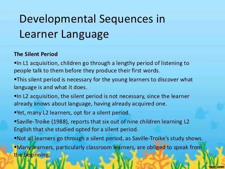 Second language acquisition. Language of learning language for learning language through learning. what are the stages of language development?. silent period in language learning. sequential stages of first language acquisition.