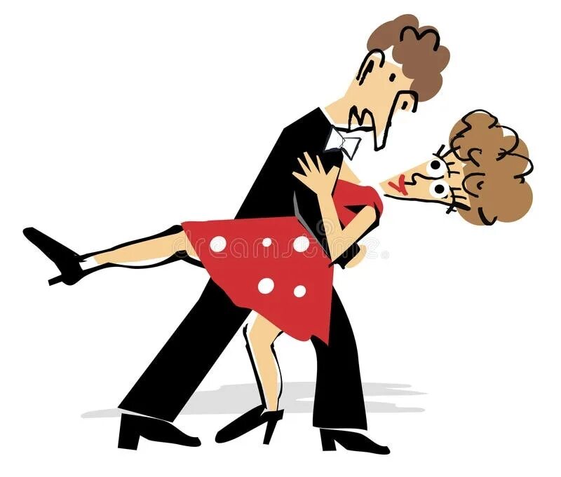 Мужчина и женщина танцуют весело. Танго смешное. Танцующая пара веселая. Бальные танцы карикатура.