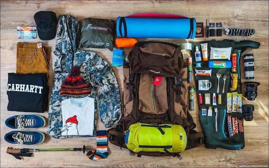 Снаряжение для похода. Снаряжение туриста для похода. Рюкзак для похода. Рюкзак с вещами для похода.