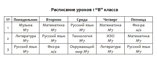 Расписание уроков в первом классе