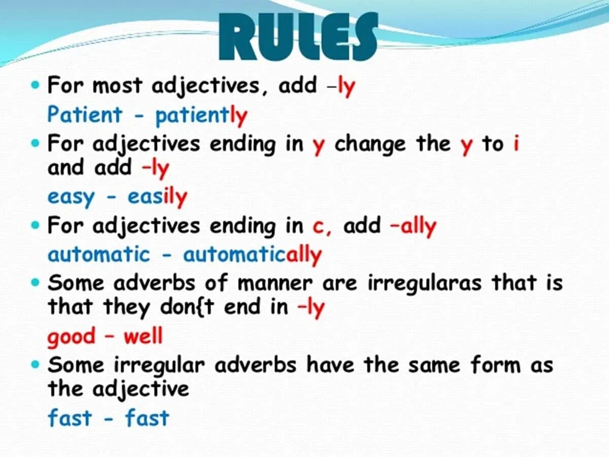 Easy easily. Adverbs Rule. Adjectives and adverbs правило. Adjective ly adverb правило. Adjective adverb правила.