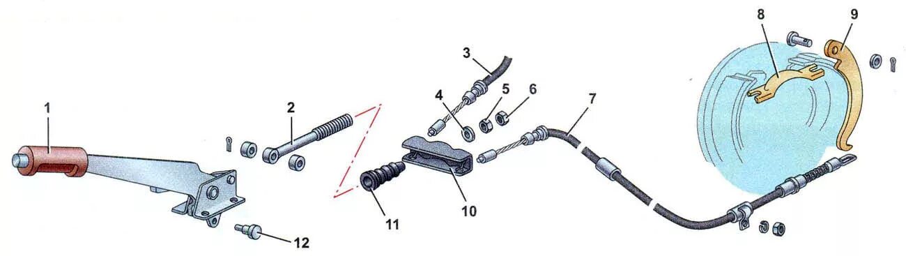 Привести в действие стояночный тормоз. Механизм ручного тормоза ВАЗ 2110. Схема стояночного тормоза ВАЗ 2110. Тросик ручника ВАЗ 2114 схема. Схема стояночный тормоз рычаг ВАЗ 2110.