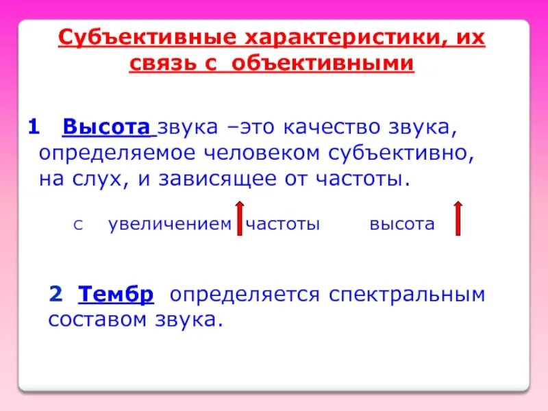 Звук параметры громкость. Субъективные характеристики звука : высота тона, громкость, тембр.. Связь между объективными и субъективными характеристиками звука. Связь субъективных и объективных характеристик звука. Субъективные характеристики звука.