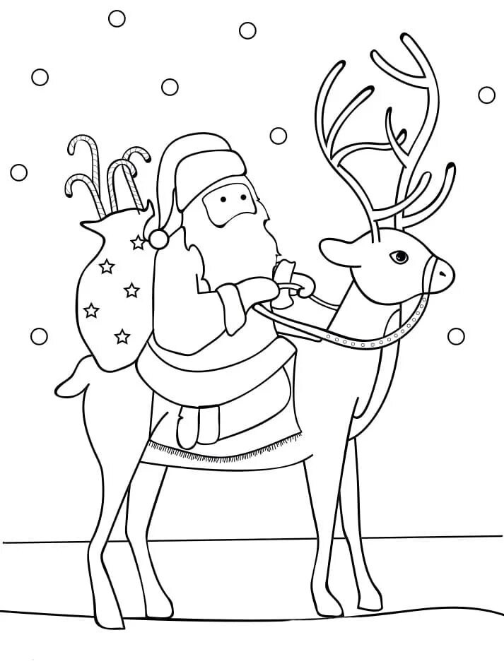 Рисунок оленя на новый год. Раскраска олень новогодний. Раскраска дед Мороз с оленями. Раскраска Санта Клаус на оленях. Олени Санты раскраска.
