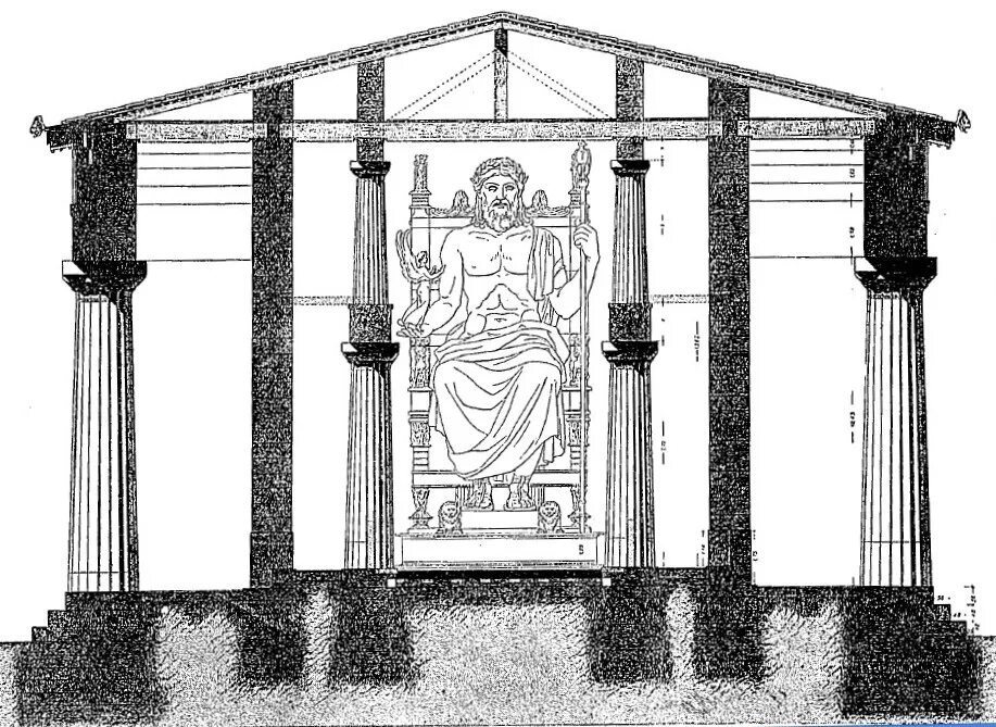 Статуя Зевса в Олимпии Греция. Храм Зевса в Олимпии скульптура. Статуя Зевса в Олимпии (Олимпия, 435 г. до н. э.),. Храм Зевса в Олимпии внутри.
