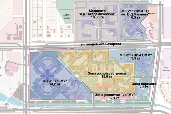 Кластеры екатеринбург. Медицинский кластер Академический Екатеринбург проект. Проект застройки академического района Екатеринбурга. Карта застройки академического района Екатеринбурга. НИИ Омм в академическом районе Екатеринбурга.