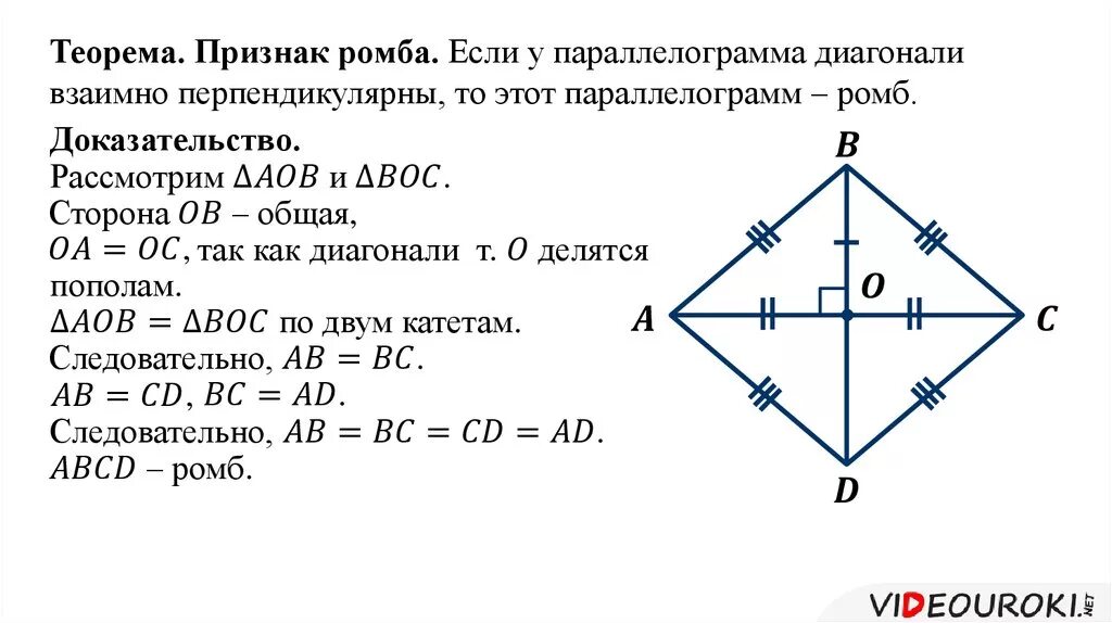 Признак ромба с доказательством 8 класс. Доказательство 1 признака ромба. Второй признак ромба доказательство. Признаки ромба 8 класс. Сформулируйте свойства диагоналей ромба