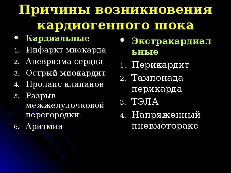 Назовите основные клинические симптомы кардиогенного шока.. Причины истинного кардиогенного шока. Особенности развития кардиогенного шока. Основной клинический признак кардиогенного шока.