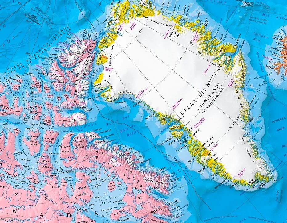 Остров Гренландия на карте. Остров Гренландия на карте полушарий. Остров Гренландия на физической карте. Где находится Гренландия на карте.