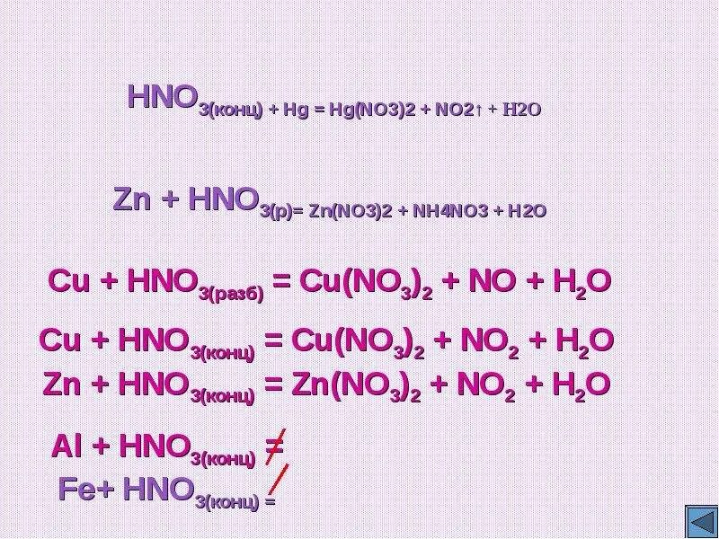 Zn oh hno. Hno3 конц. Al+hno3 конц. Al hno3 разб. S hno3 конц.