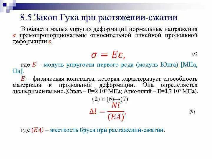 Закон сопромата. Закон Гука для деформации растяжения сжатия. Закон Гука при растяжении и сжатии формула. Формула закона Гука при одноосном растяжении (сжатии) …. Закон Гука при растяжении формула.