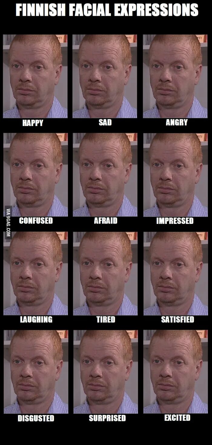 Happy and Sad face meme. Finnish face. Finnish facial expressions explained. Real Finnish faces. 9 expressions