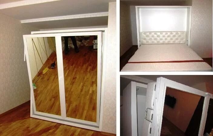 Шкаф кровать с зеркалом. Встроенная кровать с зеркалом. Шкаф-кровать трансформер с зеркалом. Зеркальный шкаф трансформер кровать.