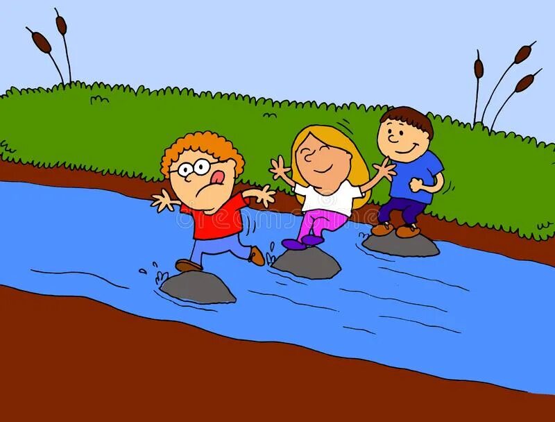 Переходя через мост мы слышали пение ручья. Брод рисунок для детей. Вброд по речке рисунок. Рисунок дети бегут на речку. Переход через реку.