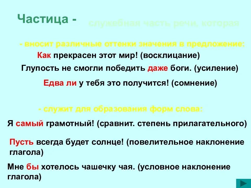 Частица как часть речи 7 класс урок. Частица. Частица как часть речи. Частицы которые служат для образования форм слова. Янстица как часть речи.