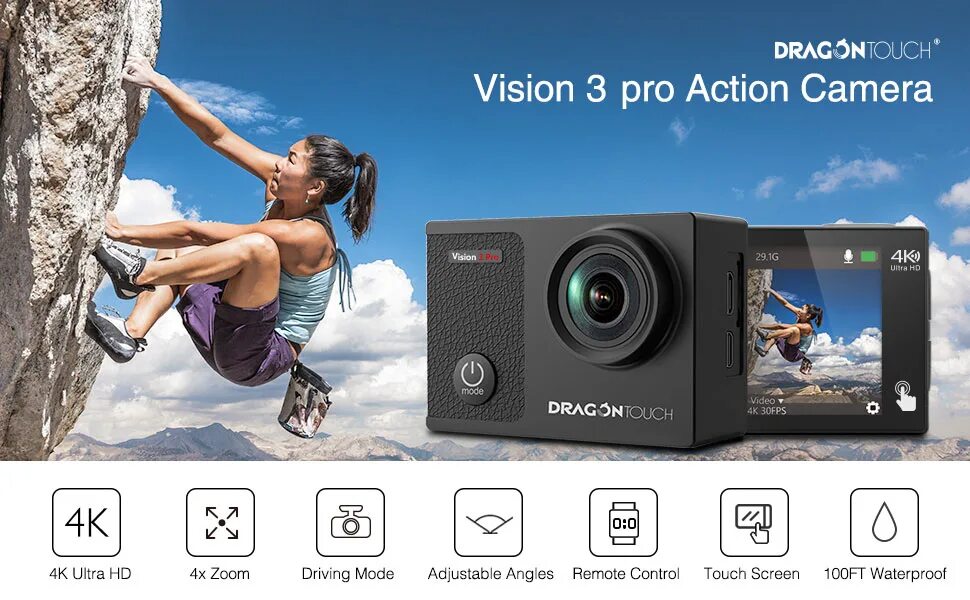 Touch action. Dragon touch 4k action camera. touch vision. экшн камера dragon touch 4k цена. dragon touch 4k цена.