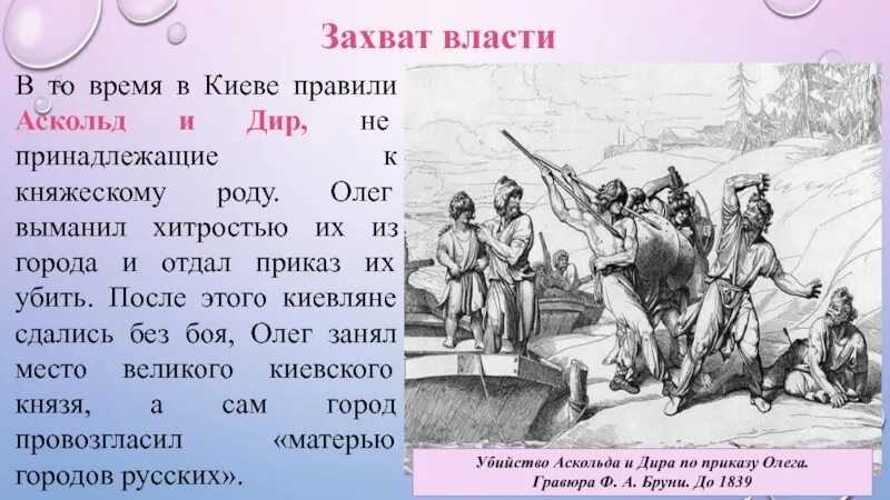 Как летописец сообщает о захвате олегом киева. Олег вещий аскольд и дир. захват киева олегом 882 аскольд и дир. рюрик аскольд и дир. убийство олегом аскольда и дира.