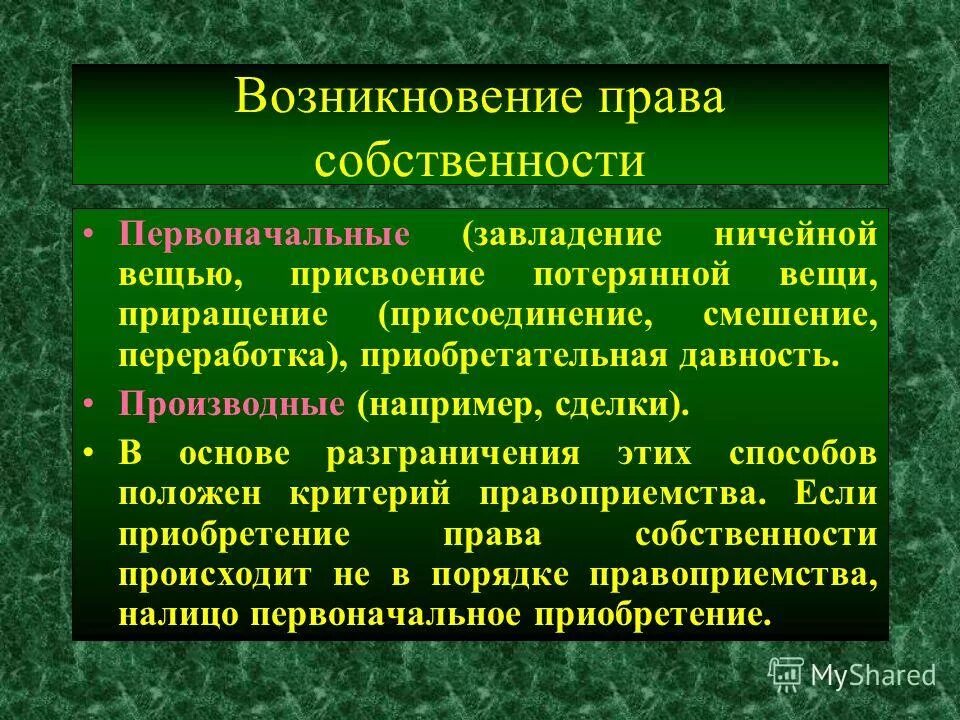 Возникновение право собственности. Способы возникновения собственности.