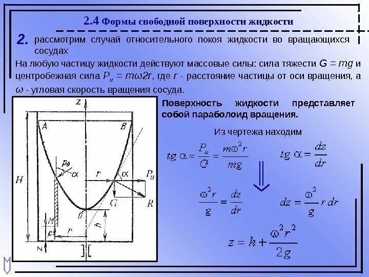 Форма вращающейся жидкости. Относительный покой жидкости во вращающемся сосуде. сила гидростатического давления. давление на криволинейную поверхность. сила гидростатического давления на цилиндрическую поверхность.