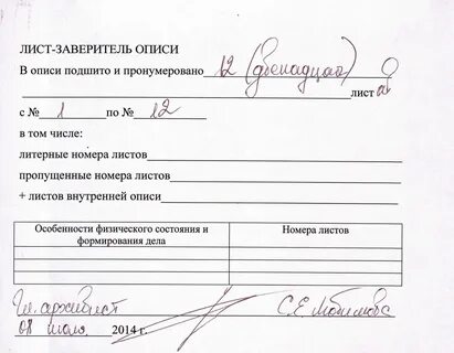 Лист описи дела
