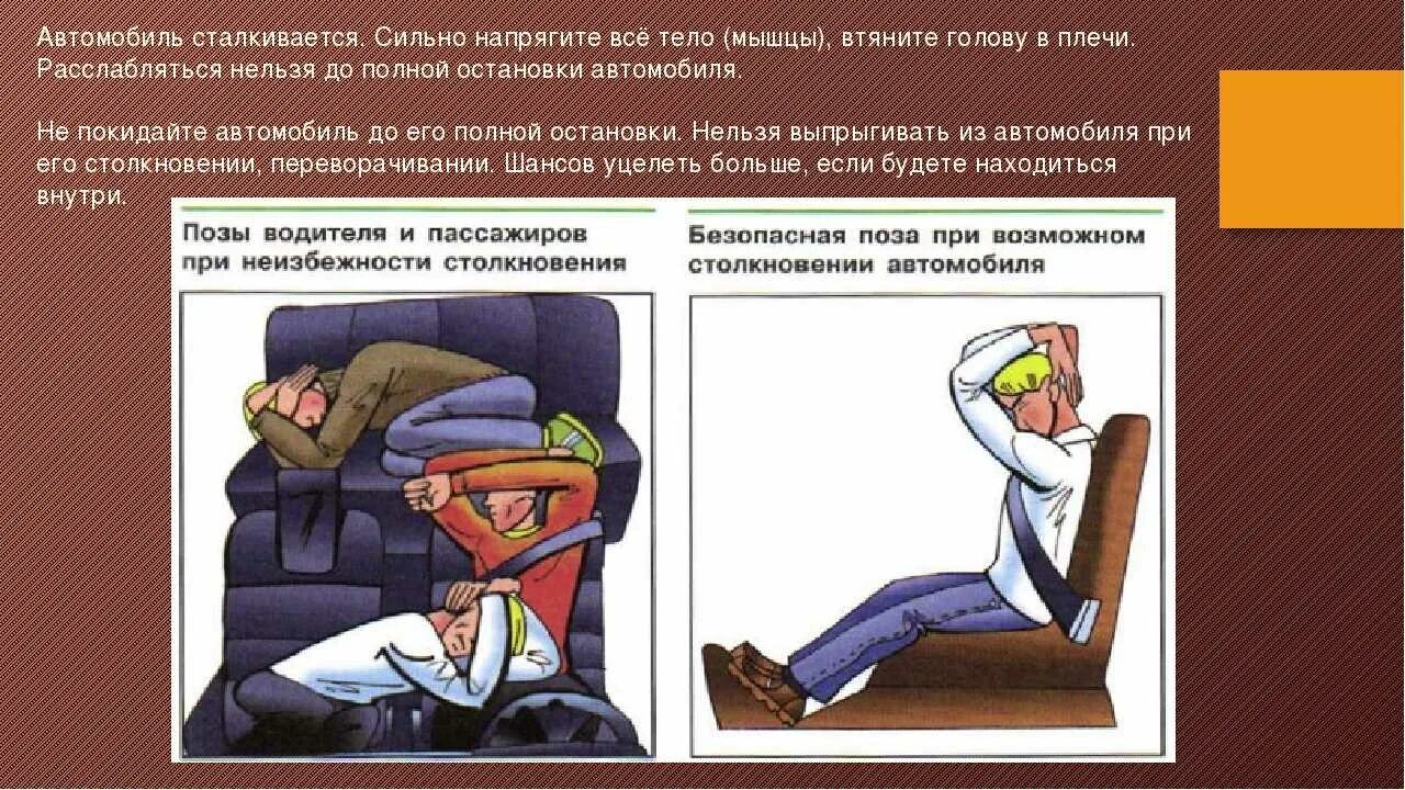 Что делать во время движения. Безопасность пассажира в автомобиле. Позы водителей и пассажиров при столкновении. Позы водителя и пассажиров при неизбежном столкновении. Правила проведения при автомобильной аварии.