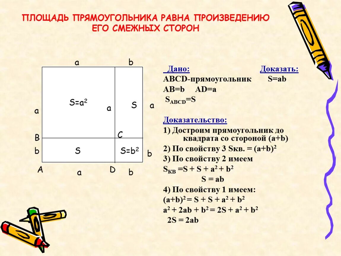 Площадь прямоугольника доказательство 8 класс. Площадь прямоугольника равна произведению его смежных сторон. Смежные стороны прямоугольника. Площадь прямоугольника равна произведению его.