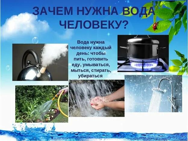 Для каких целей нужна вода. Зачем нужна вода. Для чего нужна вода человеку. Зачем человеку вода. Почему человеку нужна вода.