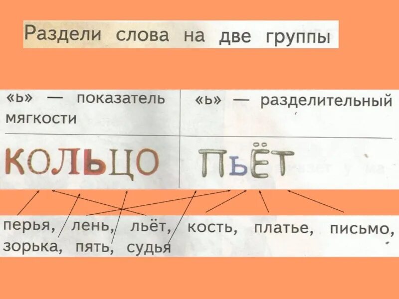 В слове листьями мягкий знак. Кольцо разделительный мягкий знак или. Раздели слова на 2 группы. Письмо разделительный мягкий или показатель мягкости. Разделительный мягкий знак и показатель мягкости 2 класс.