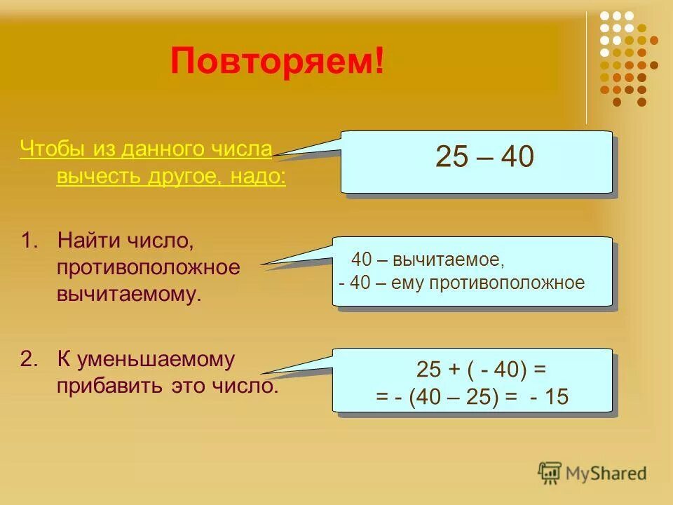 Чтобы из числа вычесть число надо. Вычитание противоположных чисел. к уменьшаемому прибавить число противоположное вычитаемому. чтобы из одного числа вычесть другое. вычитание двух противоположных чисел.