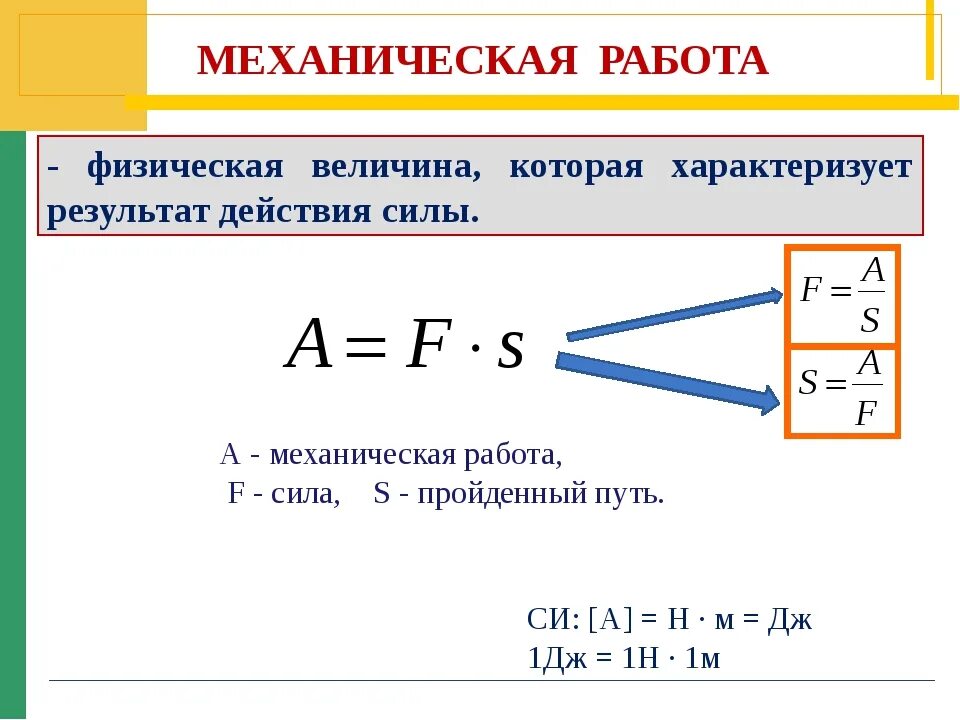 Формула работы в физике 7 класс