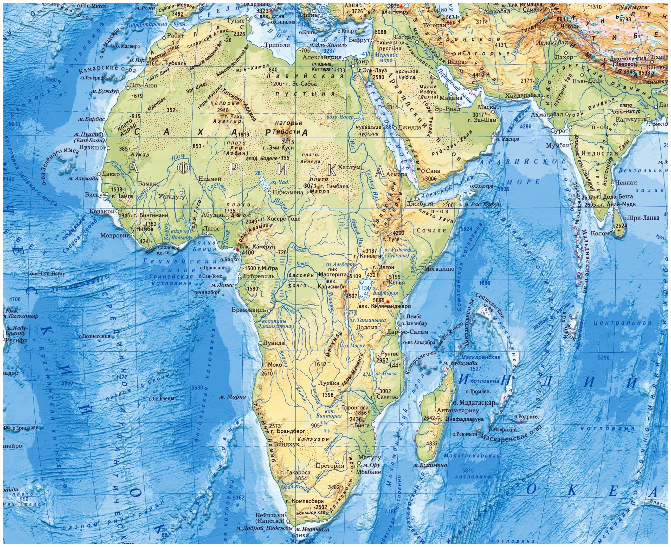 Материки наибольшие острова индийского океана. Карта Африки физическая подробная. Физическая карта Африки подробно. Ыизическая Катра Африки.