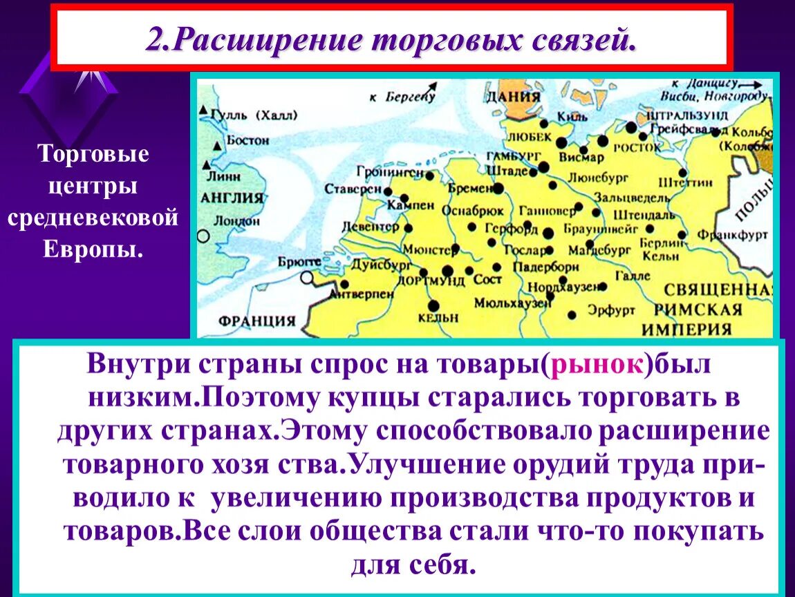 Ярмарки на карте средневековье. Расширение торговли. Развитие торговых отношений с западными европейскими странами. Торговля и банковское дело в средние века. Расширение внутреннего рынка