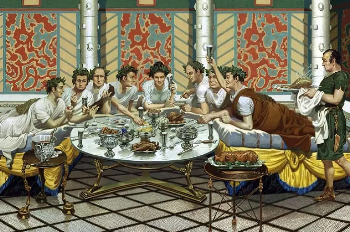 Зачем взрослым древним грекам была необходима схолэ. Роберто Бомпиани Римский пир. Древняя Греция пир симпосий. Картины застолье древняя Греция. Античный Рим пир.
