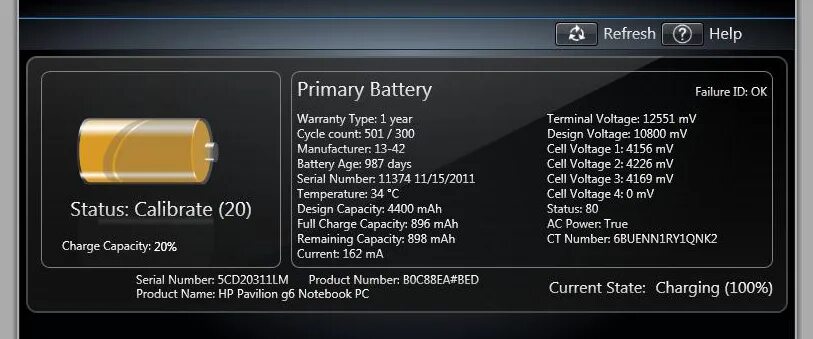 Battery alert. Primary Battery 601. System Battery (601). Primary(Internal) Battery(601).