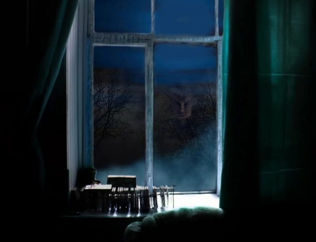 Под окном показалась еле заметная в темноте. Луна в окне. Окно ночью. Лунный свет в комнате. Окно в темноте.