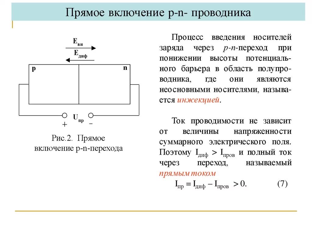 Полярность прямого напряжения на p n переходе соответствует рисунку. Прямое включение p-n перехода. P-N переход при прямом включении. Прямой ток через переход. Напряжений в прямом направлении в