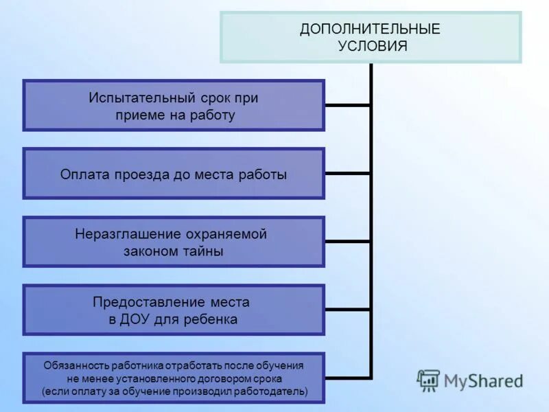 Дополнительные условия испытательный срок. Факультативные условия трудового договора. Факутальтивные условие трудового договора. Примеры факультативных условий договора. Основные и факультативные условия трудового договора.