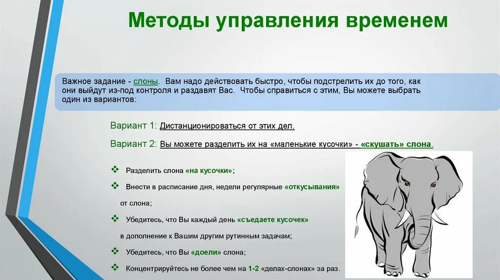 Методы управления временем. Метод слона в тайм менеджменте. Способы тайм менеджмента. Методики управления временем.