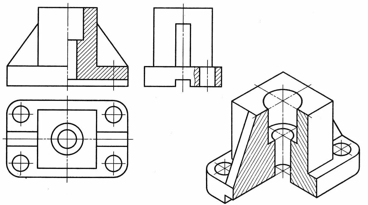 Деталь трех видов проекции. Чертеж упор Инженерная Инженерная Графика с разрезом. Инженерная Графика ПЧ 00-06-18 проекция Призмы с вырезом. Аксонометрическая проекция с вырезом 1/4 части. Чертеж детали с вырезом четверти в аксонометрии.