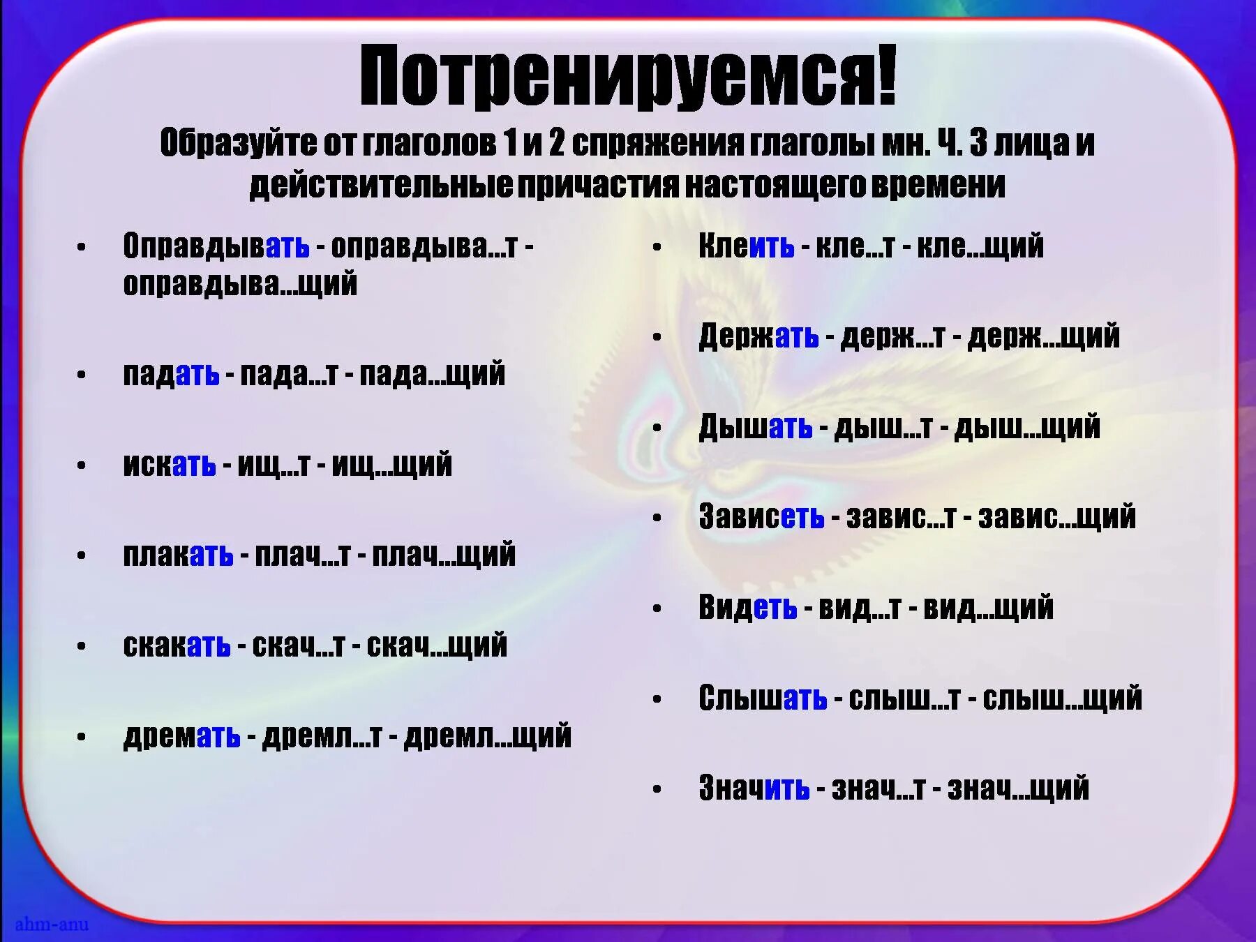 Смущенный вид действительное причастие. Образовать от глаголов действительные причастия. Действительные причастия 1 спряжения. Причастие образовано от глагола. Образуйте действительные причастия от глаголов.