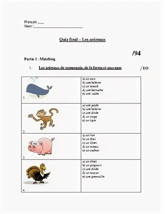 Французский животные Worksheet. Животные на французском языке 5 класс.