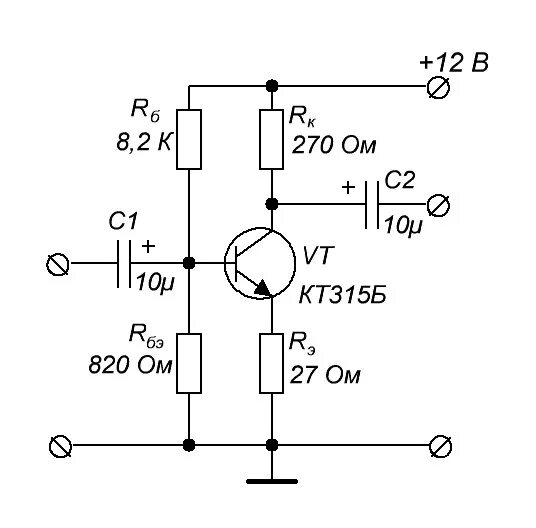 Предварительный унч. Схема усилителя на транзисторе с общим эмиттером. Однокаскадный транзисторный усилитель схема. Схема усилителя низкой частоты на кт 315. Транзисторный микрофонный усилитель схема.