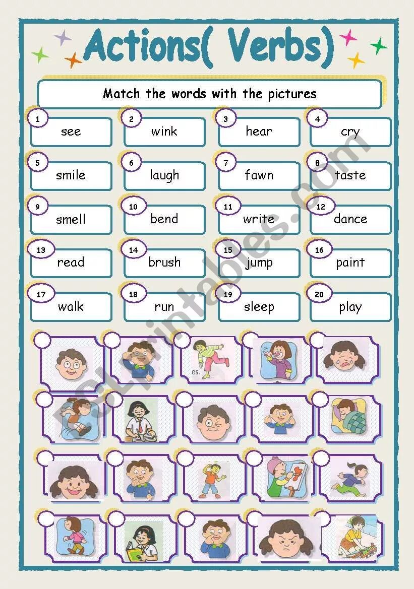 Action verbs exercises. Verbs worksheets.