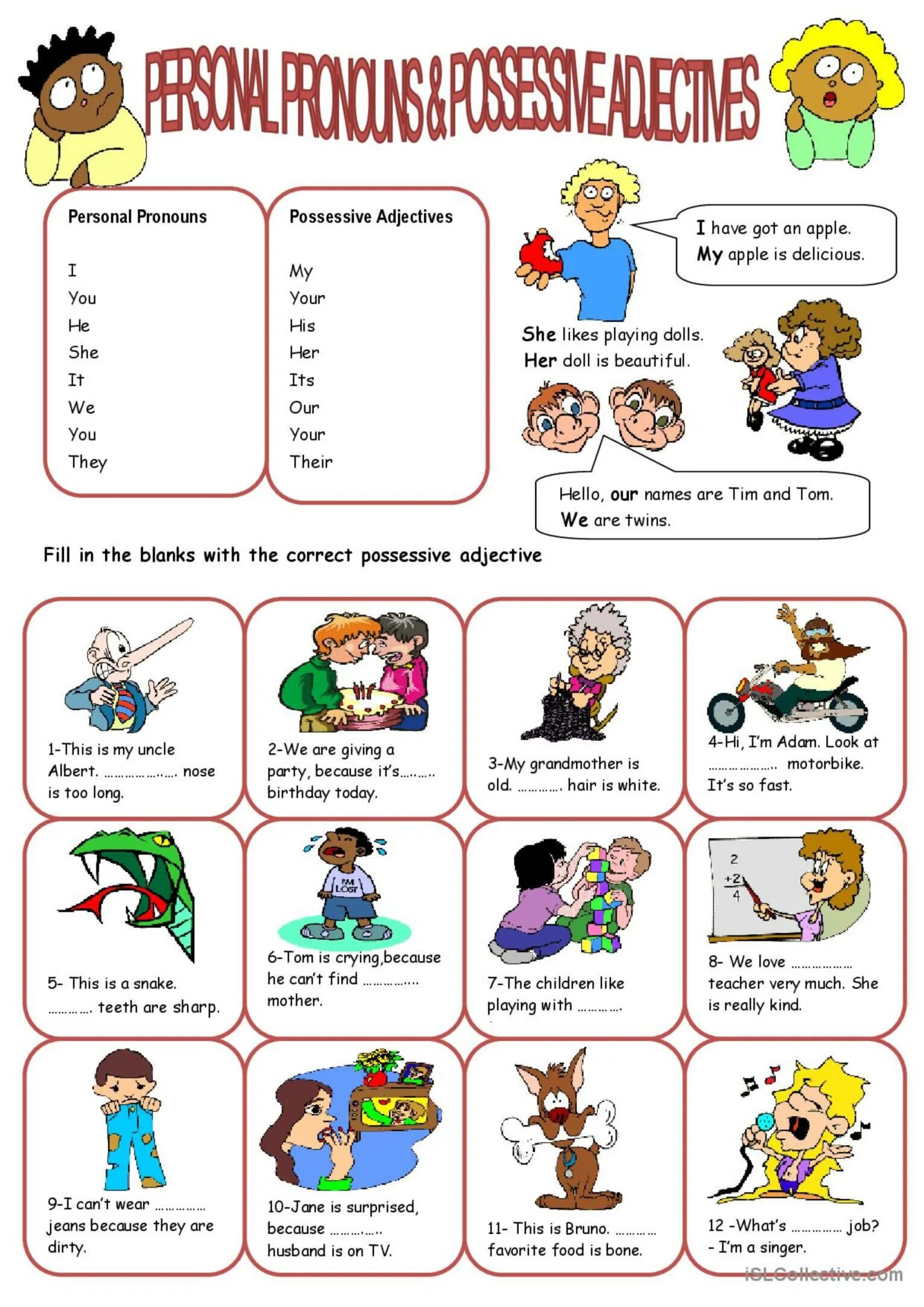 Fill in the correct possessive adjective. Притяжательные местоимения Worksheets. Притяжательные местоимения в английском языке Worksheets. Притяжательные местоимения Worksheets for Kids. Личные и притяжательные местоимения в английском Worksheets.