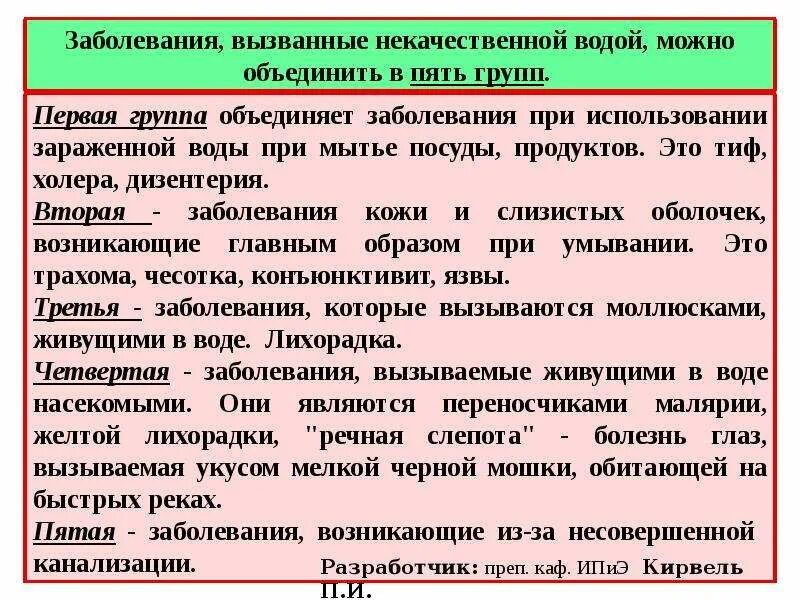 Заболевания которые могут возникнуть. 1. заболевания, вызываемые зараженной водой.