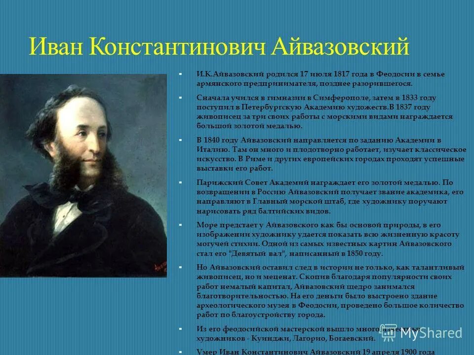 Знаменитый художник родился в крыму. Айвазовский портрет художника. Айвазовский художник краткая биография.